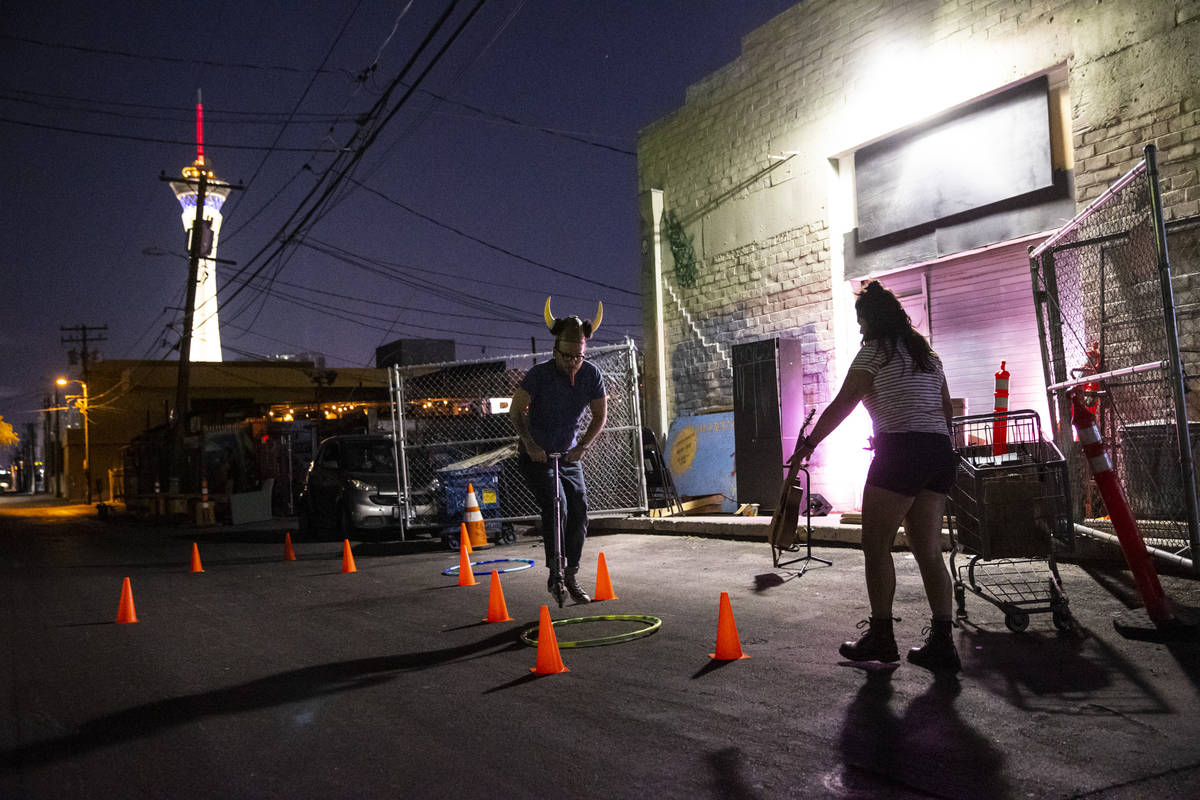 Terry, played Mike Vargovich, left, and J, played by Natalie Senecal, perform during a rehearsa ...