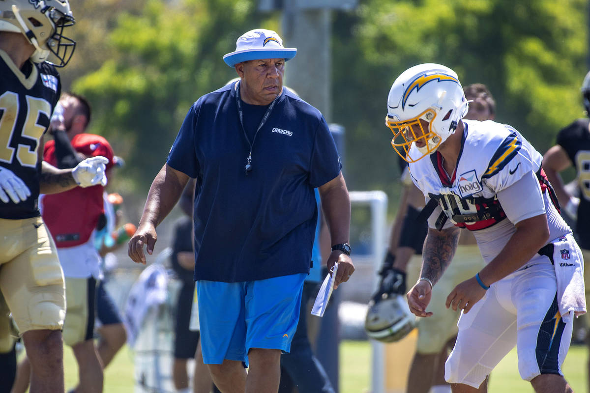 In this Thursday, Aug. 15, 2019, file photo, Los Angeles Chargers special teams coach George St ...