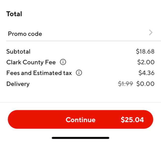 An example of how the Clark County Fee is listed on the DoorDash app.