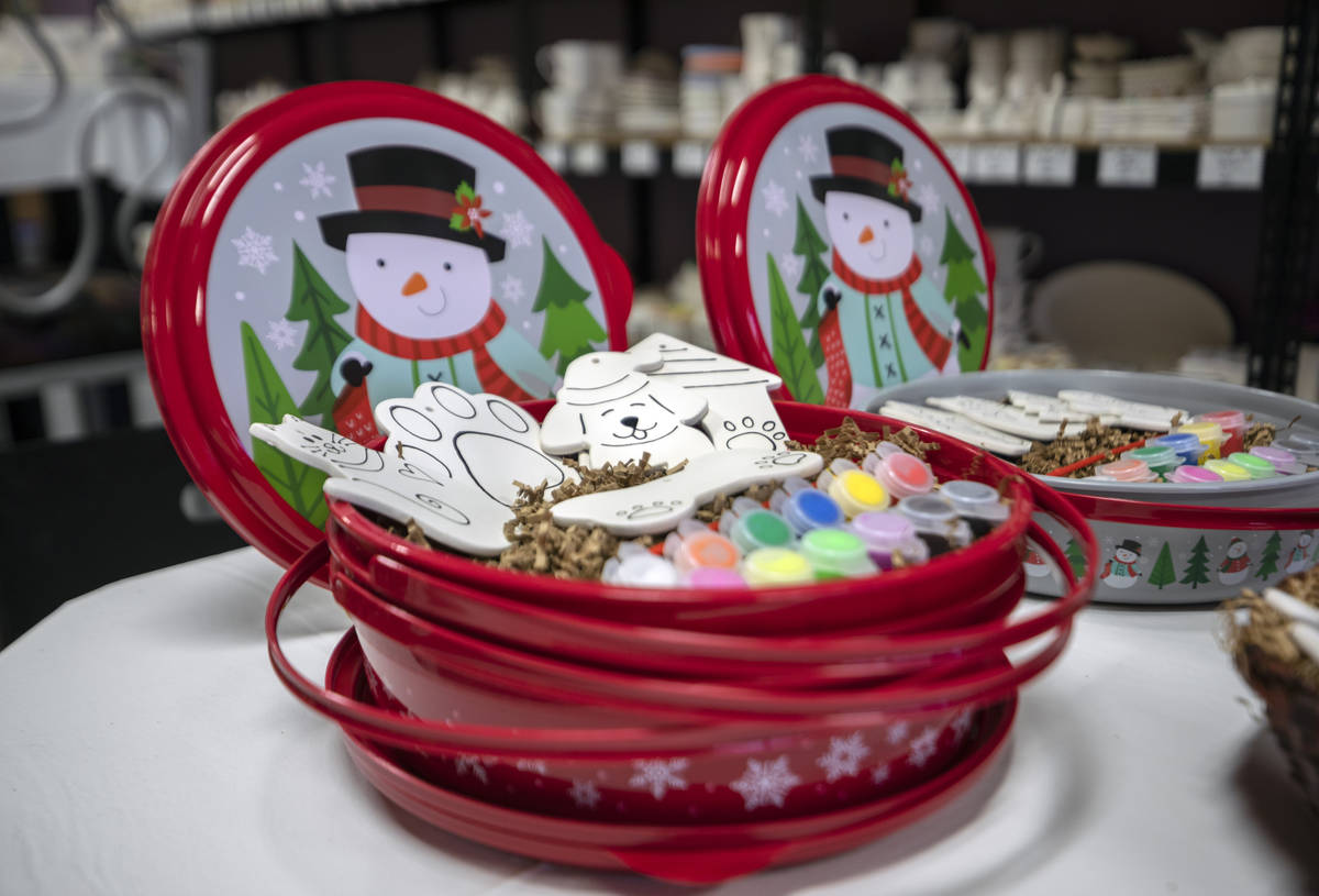 Premium holiday pottery to-go kits are seen at All Fired Up, on Tuesday, Nov. 24, 2020, in Las ...