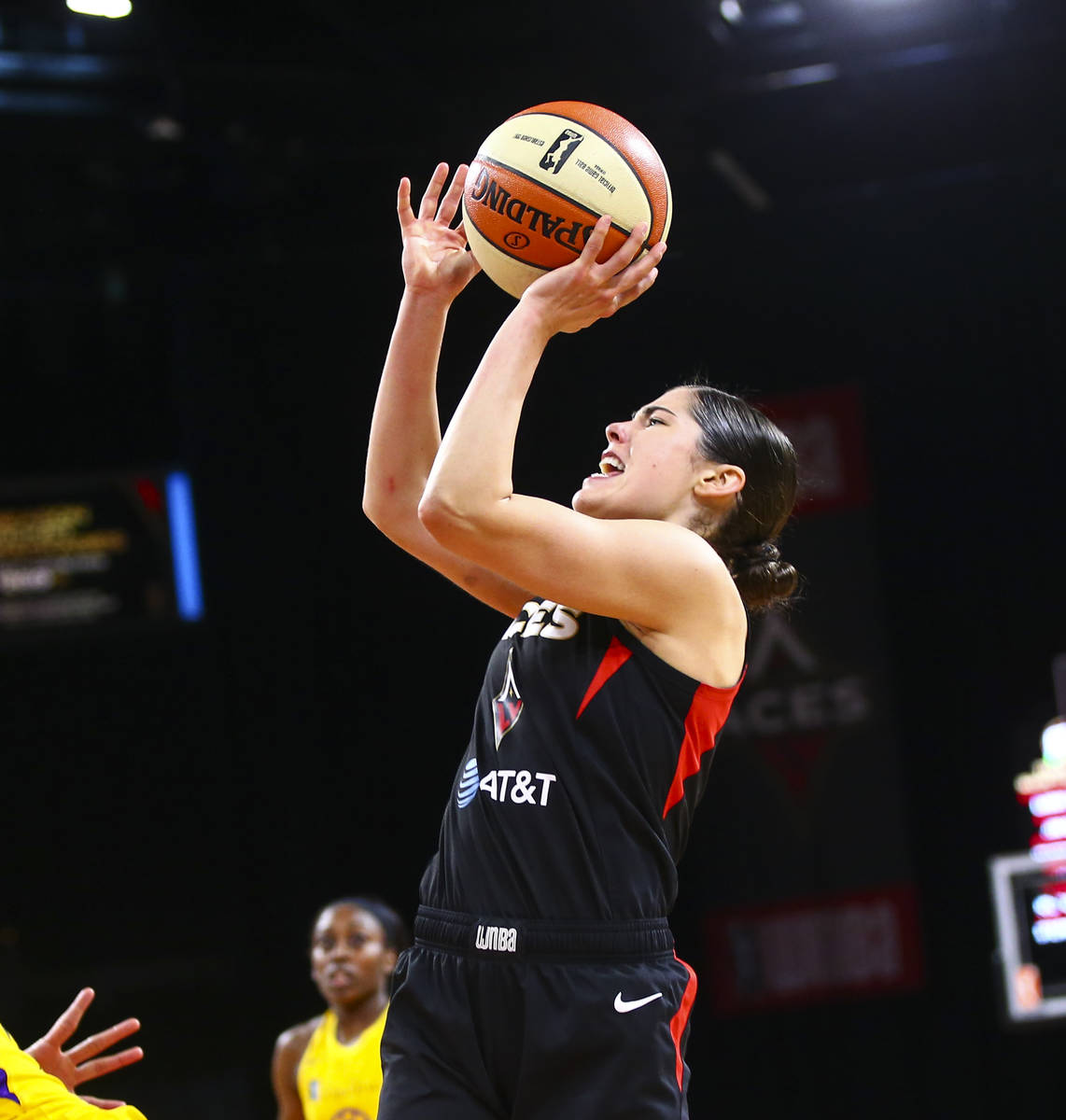 Las Vegas Aces' Kelsey Plum shoots against the Los Angeles Sparks during the second half of a W ...