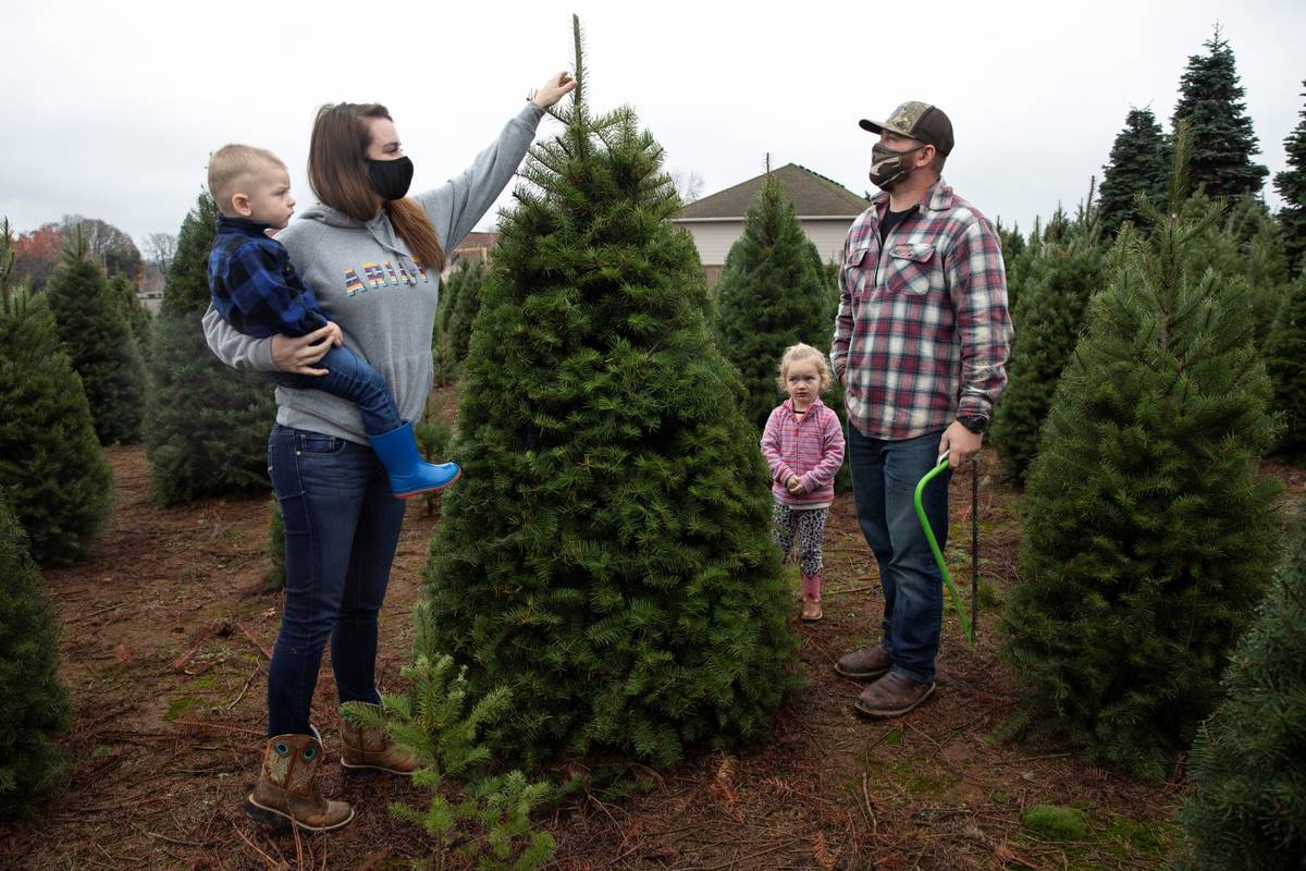 Josh and Jessica Ferrara shop for Christmas trees with son Jayce, 1 year and Jade, 3 years, at ...