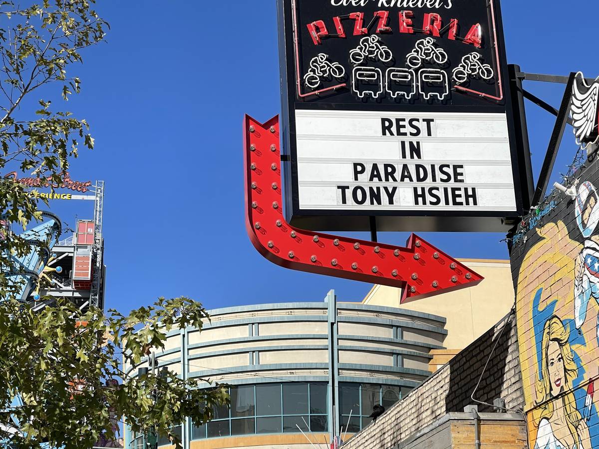 A message to Tony Hsieh is posted at Evel Pie in Las Vegas, Saturday, Nov. 28, 2020. (Kevin Ca ...