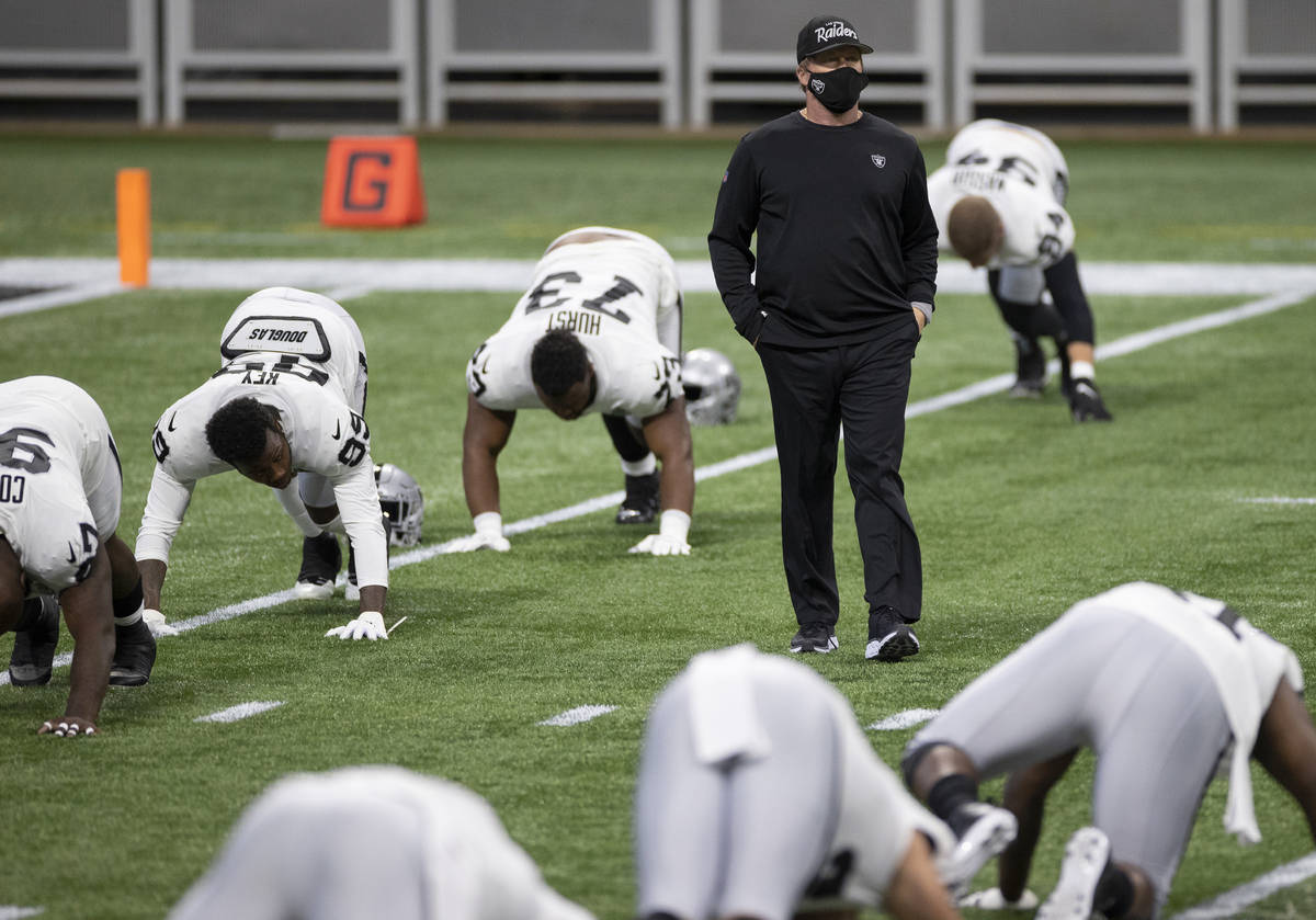 Las Vegas Raiders head coach Jon Gruden walks the field during warm ups before the start of an ...