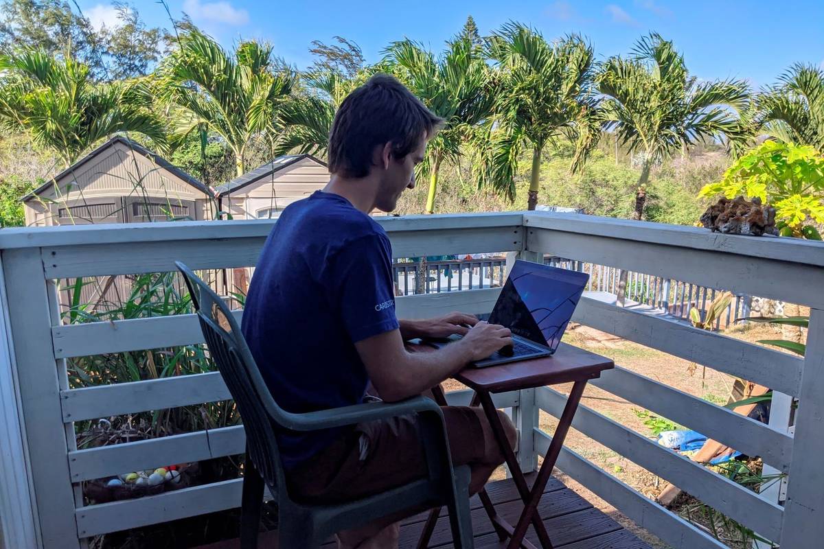 Raymond Berger, a New York City software engineer, works remotely on Nov. 22, 2020, in Kahului, ...