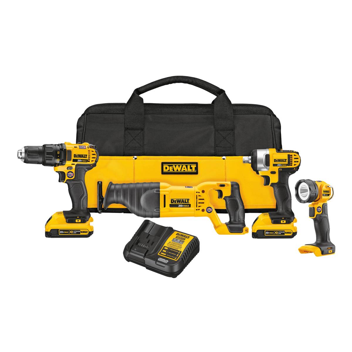 The DeWalt four-tool combo kit includes drill/driver, impact wrench, reciprocating saw, LED wor ...