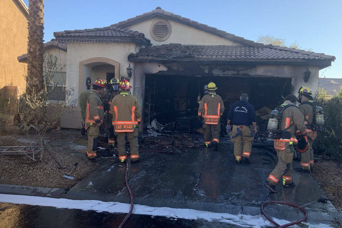 Firefighters respond to a fire at at 2712 Rosarito St. on Tuesday, Dec. 1, 2020. (Las Vegas Fir ...