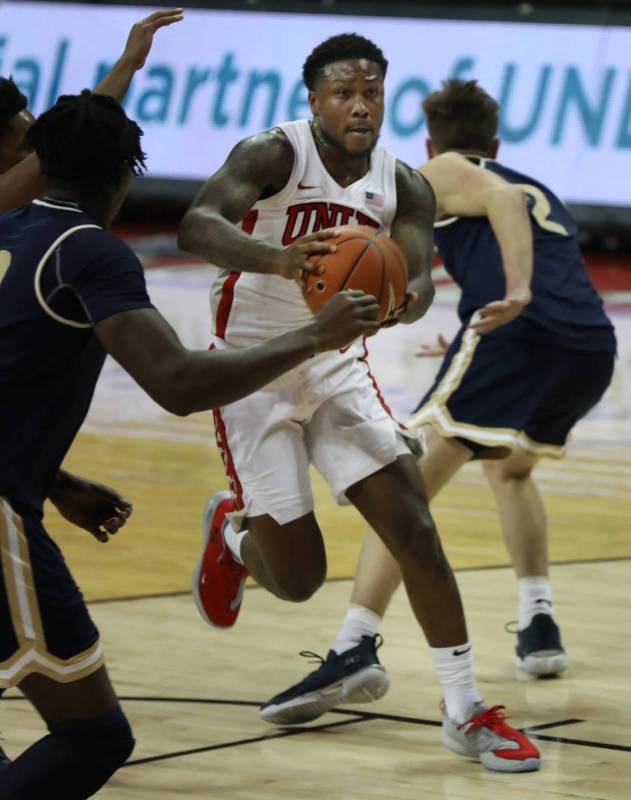 UNLV Rebels guard David Jenkins Jr. (5) dribbles the ball past Montana State Bobcats during the ...