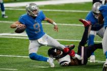 Houston Texans strong safety Justin Reid (20) sacks Detroit Lions quarterback Matthew Stafford ...