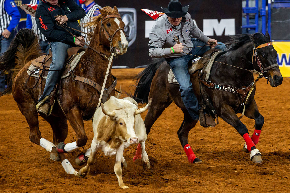 PRCA Steer Wrestling contestant Dakota Eldridge competes during the opening night of the Nation ...