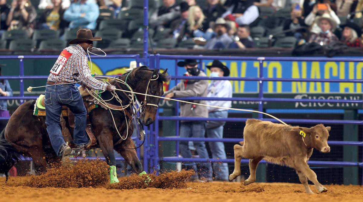 Cory Solomon performs during the 3rd go-round of the National Finals Rodeo in Arlington, Texas, ...