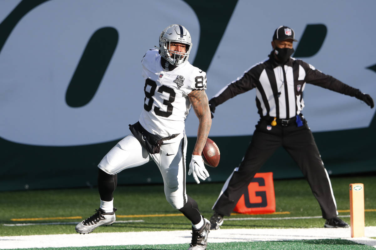 Las Vegas Raiders' Darren Waller celebrates his touchdown during the first half an NFL football ...