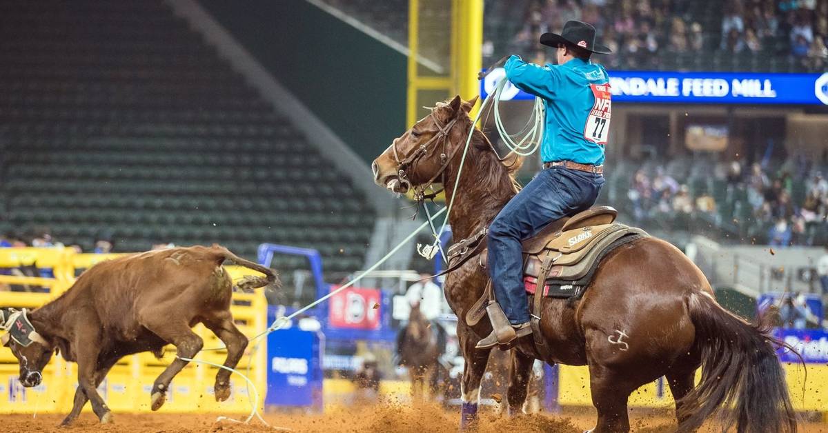 Chase Tryan performs during the 4th go-round of the National Finals Rodeo in Arlington, Texas, ...