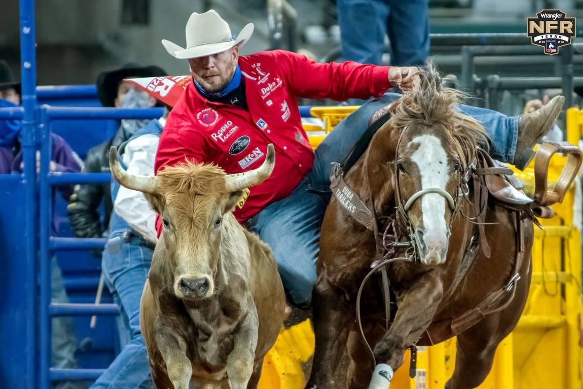 Jacob Talley performs during the 4th go-round of the National Finals Rodeo in Arlington, Texas, ...