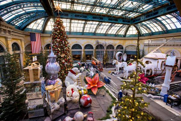 Construction continues about the new winter display "Hopeful Holidays" within the Bellagio Cons ...