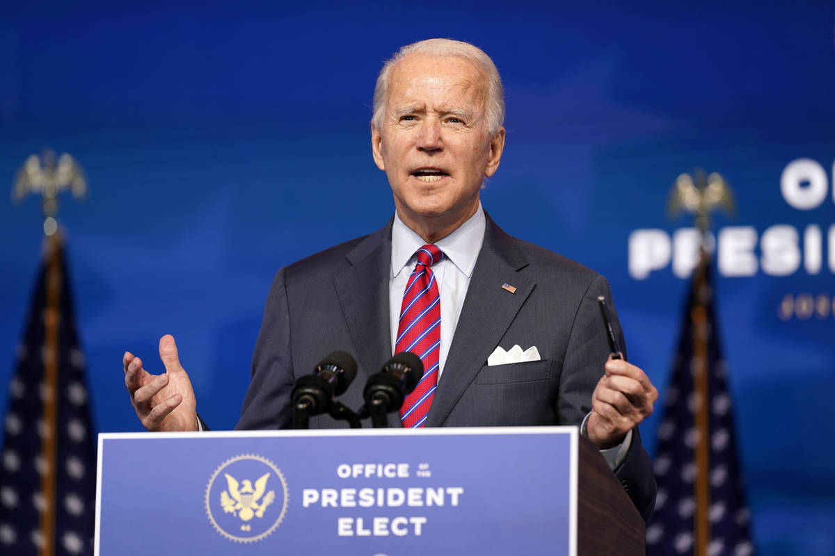 President-elect Joe Biden speaks about jobs at The Queen theater, Friday, Dec. 4, 2020, in Wilm ...