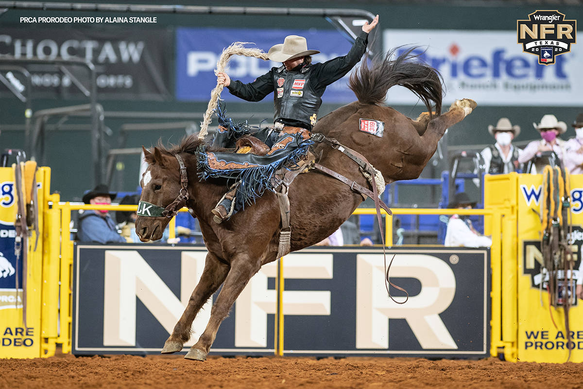 Wyatt Casper performs during the fifth go-round of the National Finals Rodeo in Arlington, Texa ...