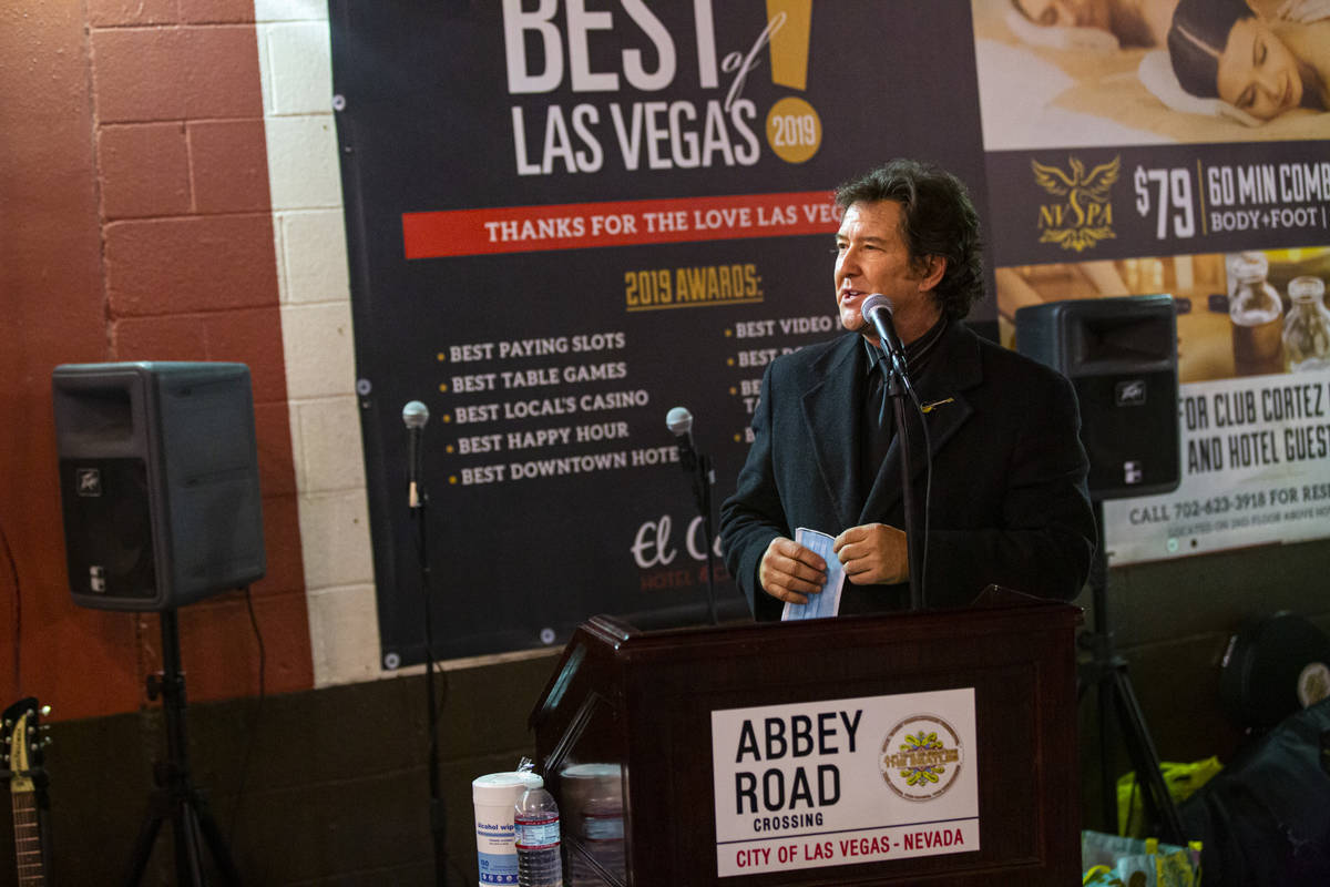 Paul Casey speaks by the "Abbey Road Crossing" on Fremont Street in downtown Las Vega ...