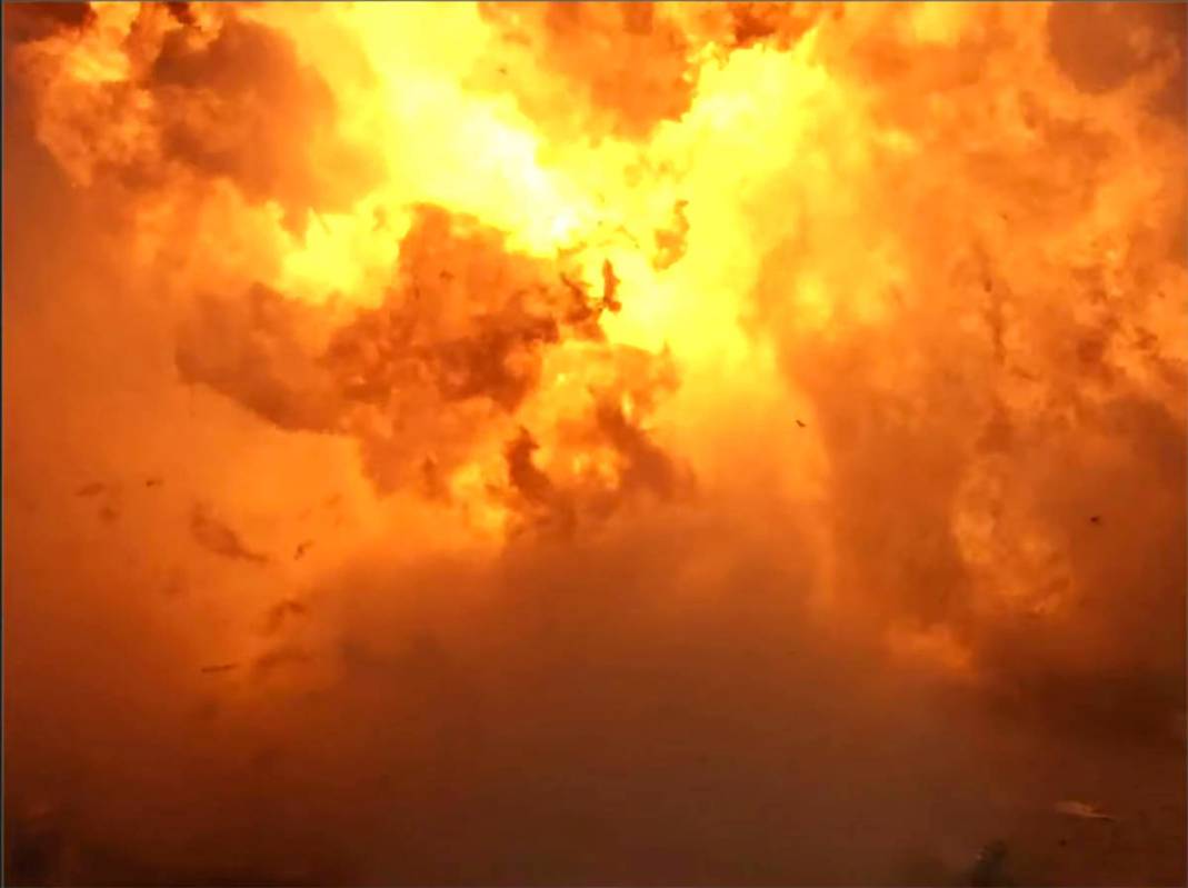 In this screen grab from video posted by SpaceX, the company's Starship becomes engulfed in fla ...