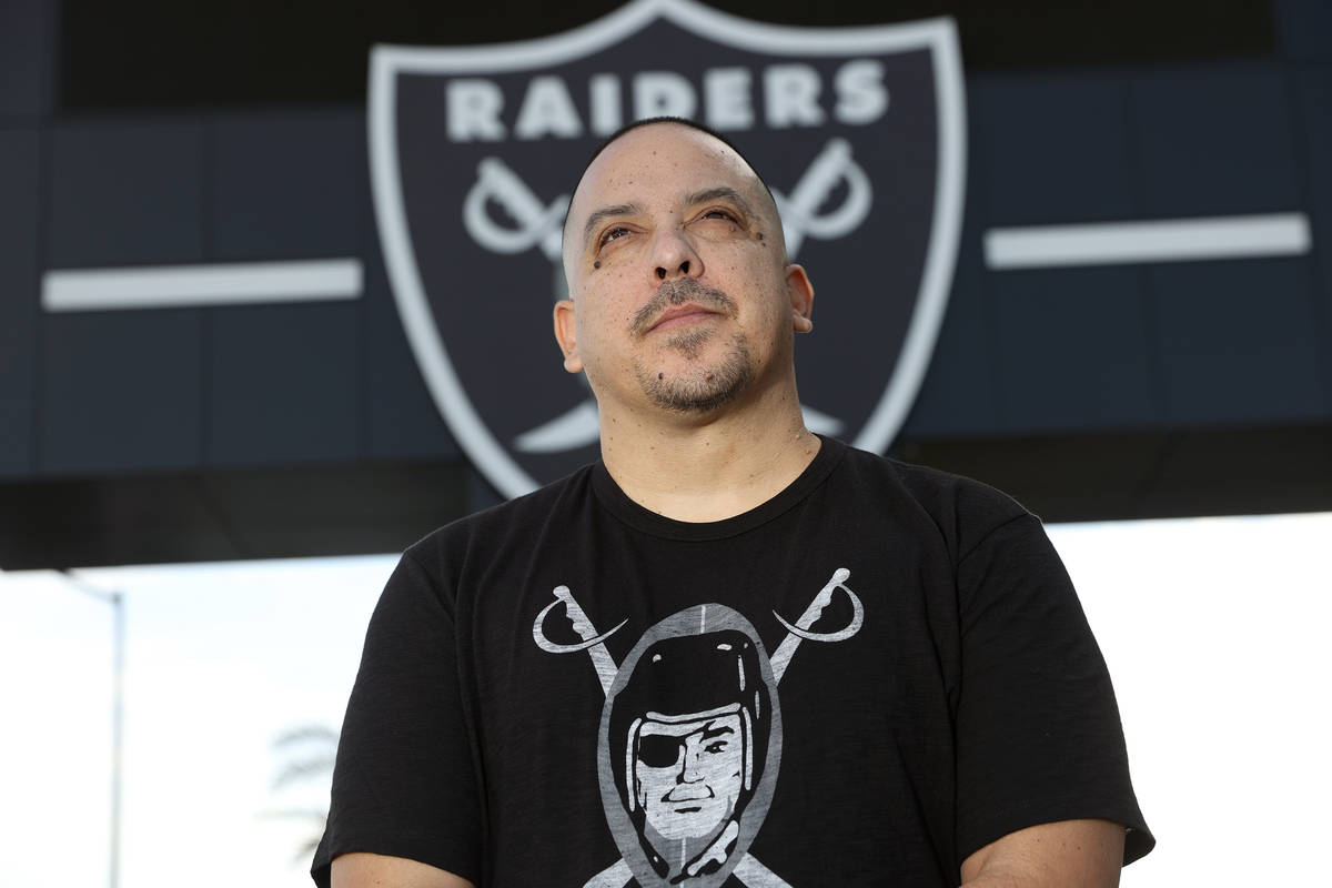 Rick Gonzalez, also known G Minor the DJ, poses for a portrait at Allegiant Stadium in Las Vega ...