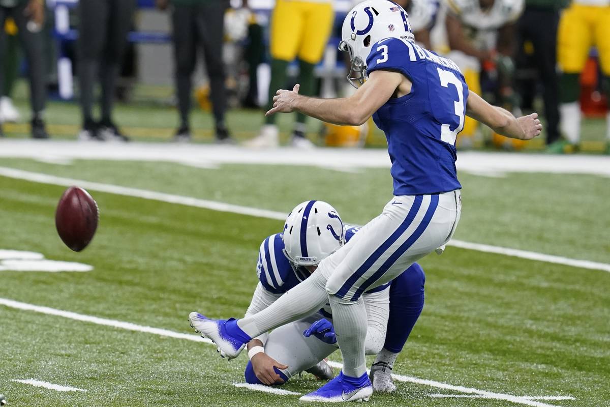 Indianapolis Colts kicker Rodrigo Blankenship (3) kicks the game winning field goal out of the ...