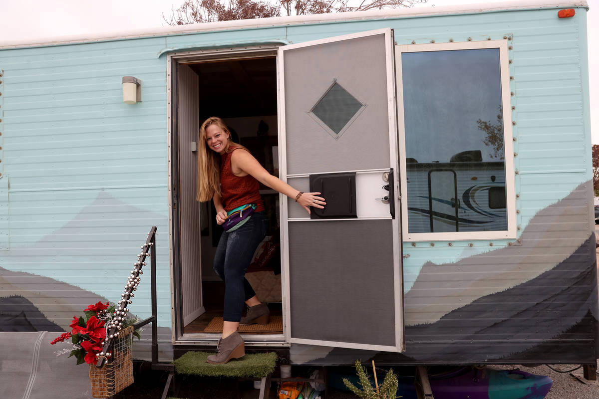Hannah Doss at her tiny home in Boulder City Friday, Dec. 11, 2020. Doss bought the old railroa ...