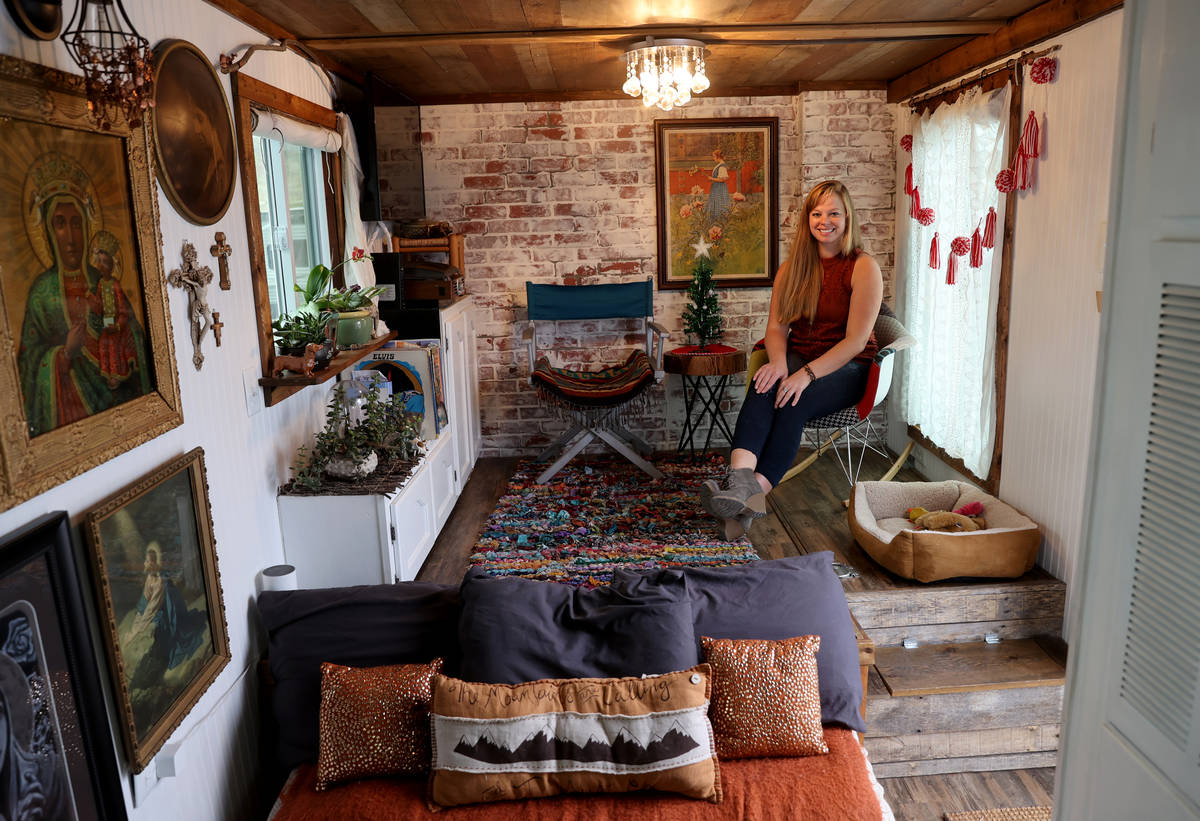Hannah Doss in her tiny home in Boulder City Friday, Dec. 11, 2020. Doss bought the old railroa ...