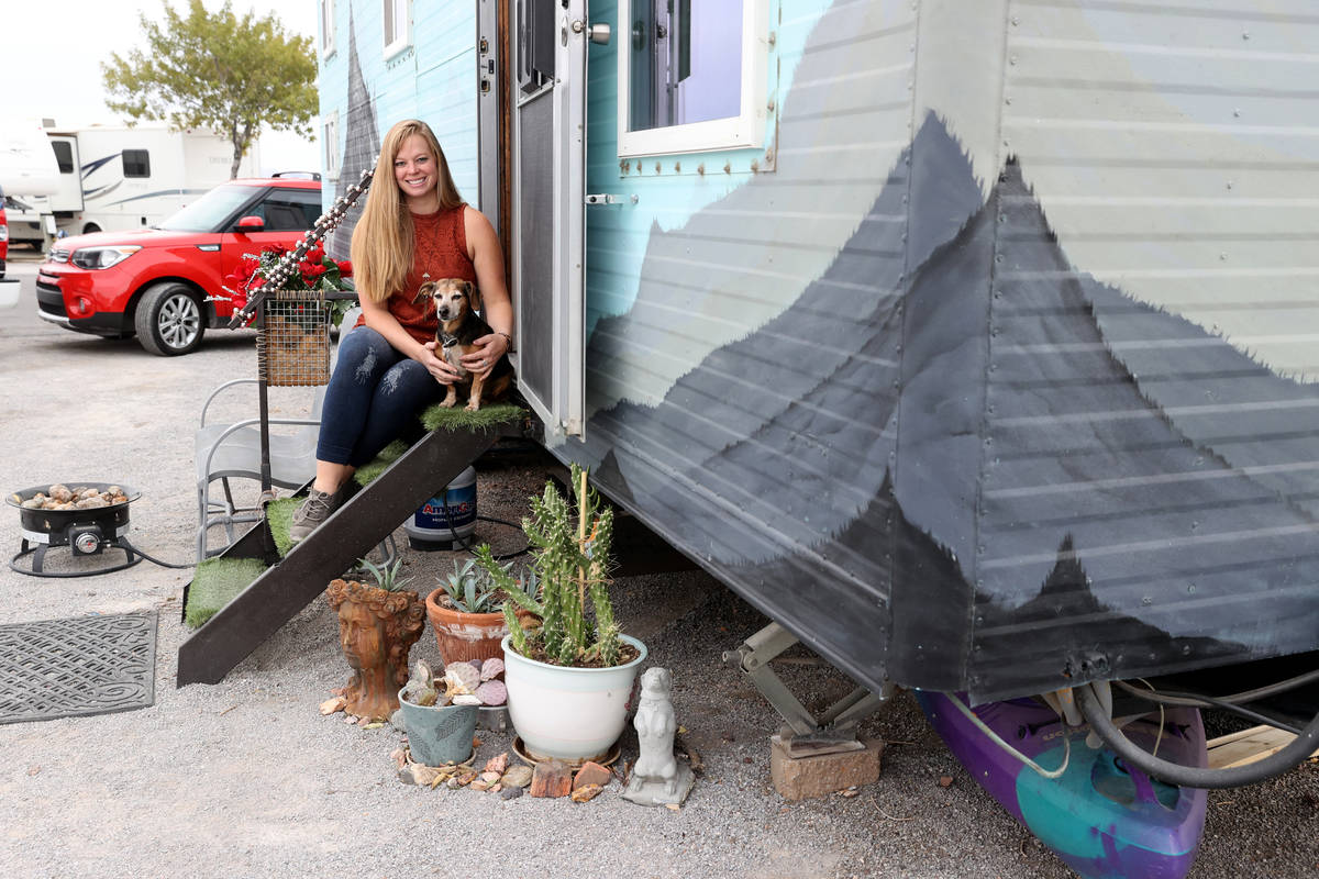Hannah Doss and her dog Banjo at their tiny home in Boulder City Friday, Dec. 11, 2020. Doss bo ...