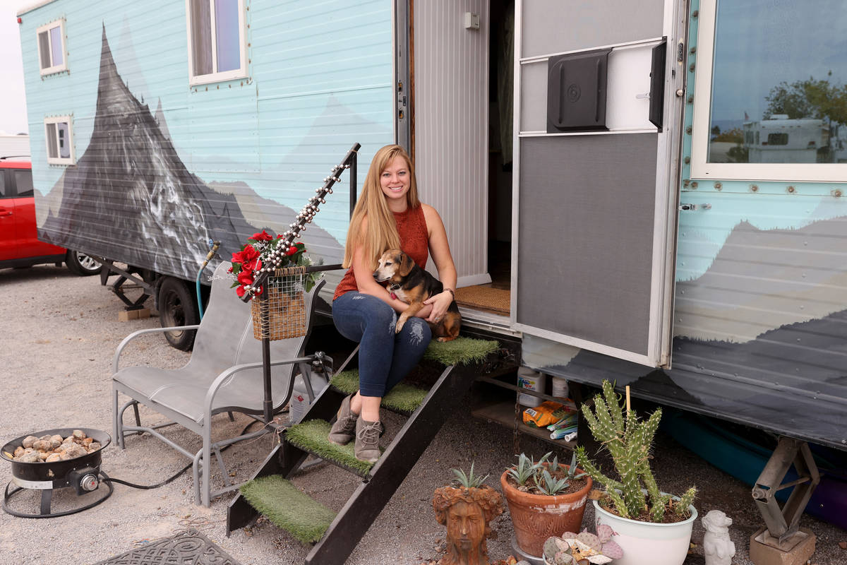 Hannah Doss and her dog Banjo at their tiny home in Boulder City Friday, Dec. 11, 2020. Doss bo ...