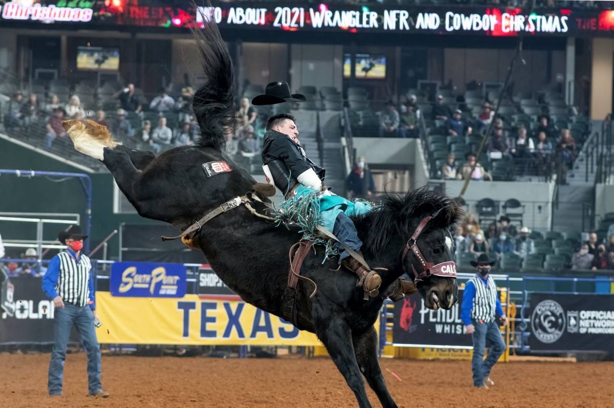 Jess Pope performs on Thursday, Dec. 10, 2020, on Day 8 of the Nationals Finals Rodeo in Arling ...
