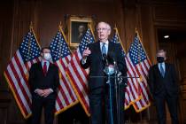 Senate Majority Leader Mitch McConnell of Kentucky, speaks during a news conference following a ...