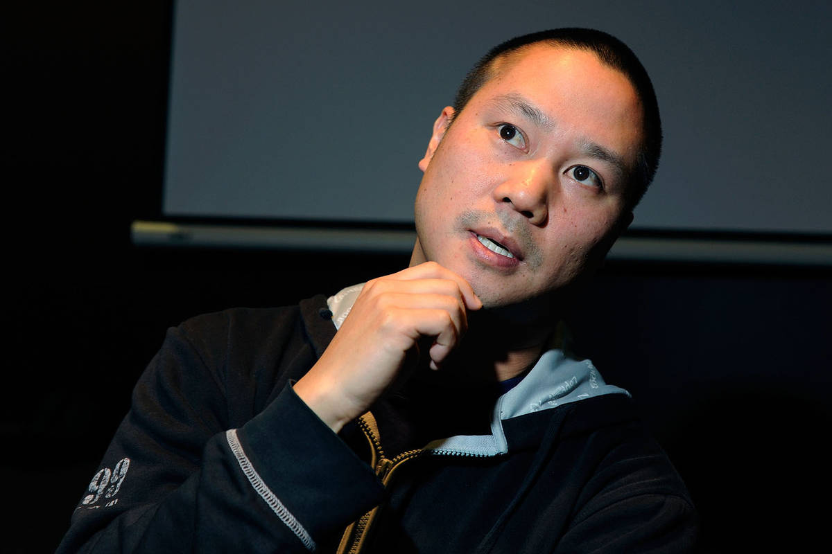 Tony Hsieh gestures during an interview before the start of the LaunchUp Las Vegas event at the ...