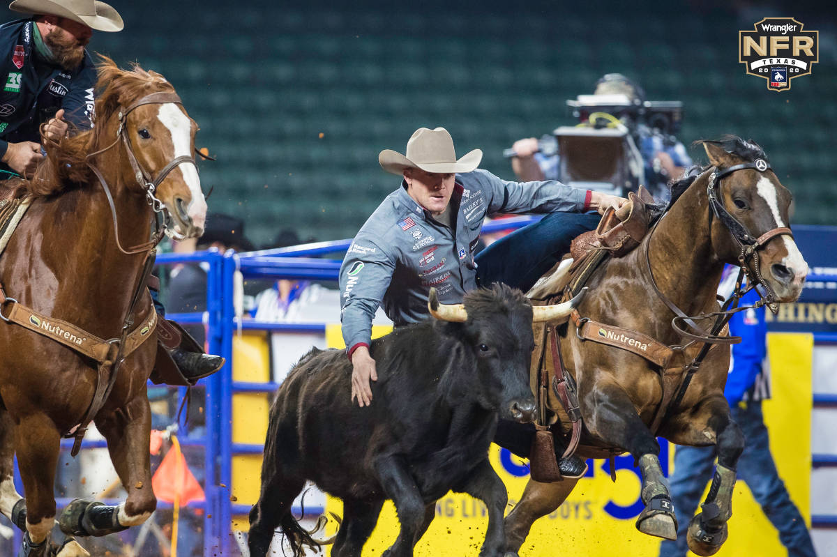 Steer wrestler Dakota Eldridge competes at this year's National Finals Rodeo in Arlington, Texa ...