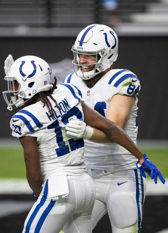 Indianapolis Colts wide receiver T.Y. Hilton (13) celebrates with Indianapolis Colts tight end ...