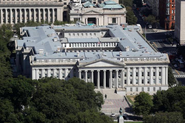 FILE - The U.S. Treasury Department building viewed from the Washington Monument, Wednesday, Se ...