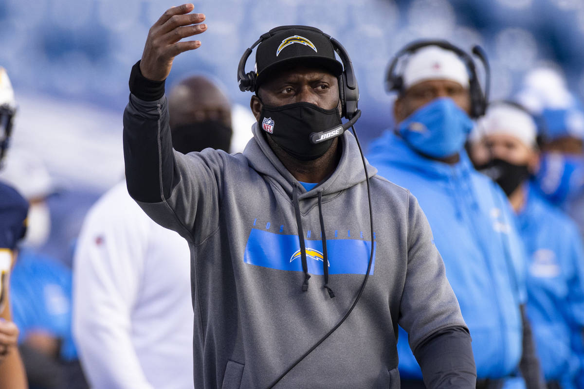 Los Angeles Chargers head coach Anthony Lynn gestures on the sideline during the second half of ...