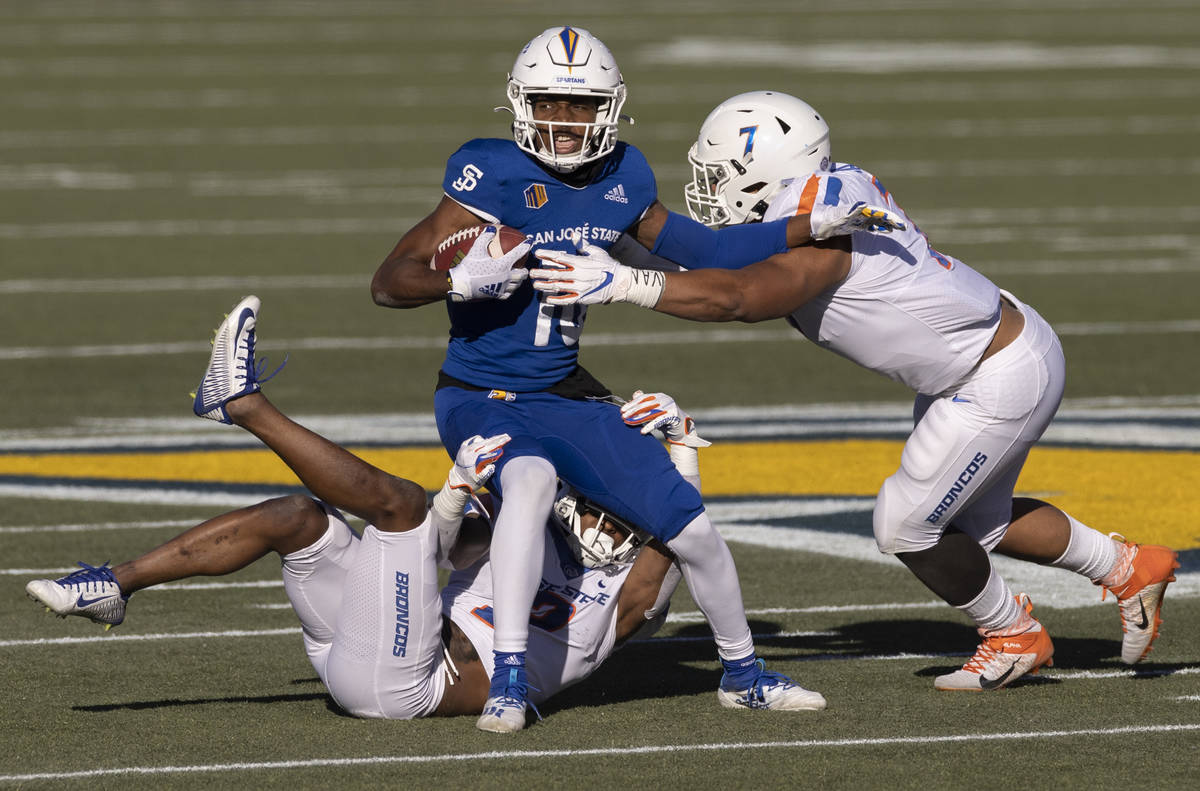 San Jose State Spartans wide receiver Tre Walker (10) fights for extra yardage after the catch ...