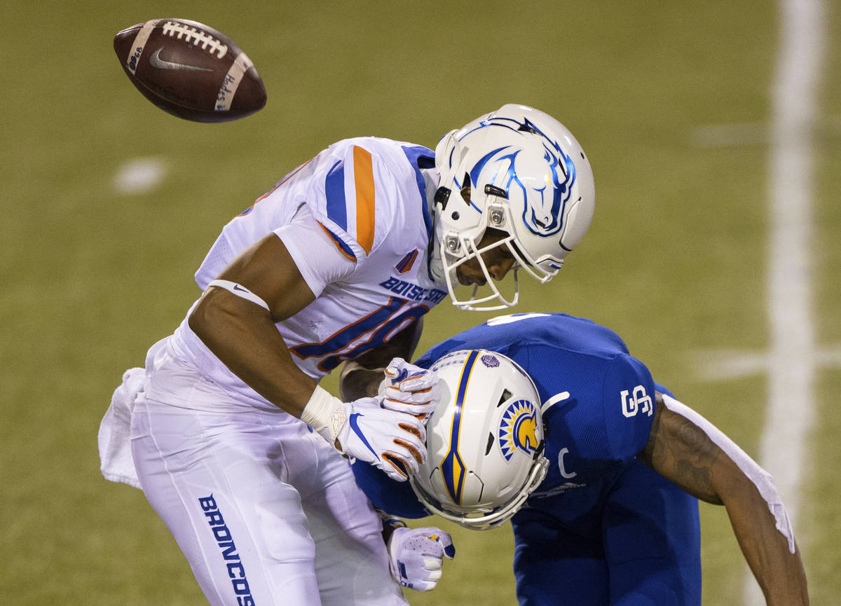San Jose State Spartans safety Tre Webb (3) breaks up a pass intended for Boise State Broncos w ...