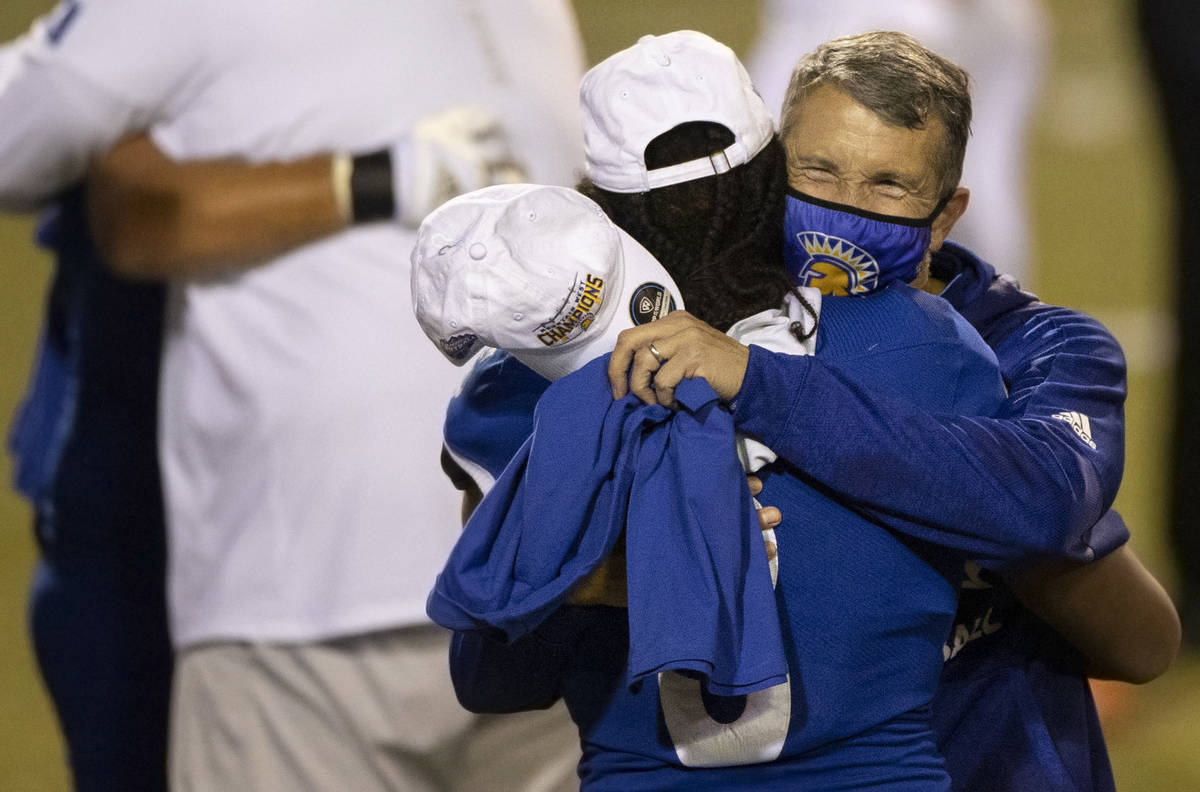 San Jose State Spartans head coach Brent Brennan celebrates after defeating Boise State at the ...