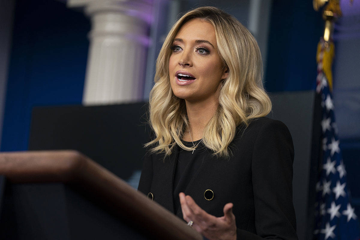 In this May 1, 2020 file photo, White House press secretary Kayleigh McEnany speaks during her ...