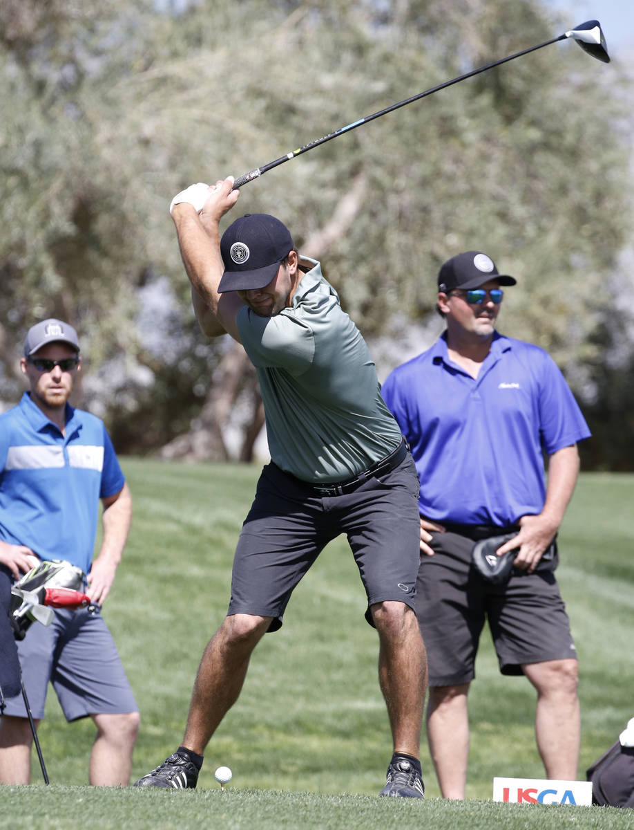 Taylor Montgomery hits his tee drive during the 2018 U.S. Qualifying at Canyon Gate Country Clu ...