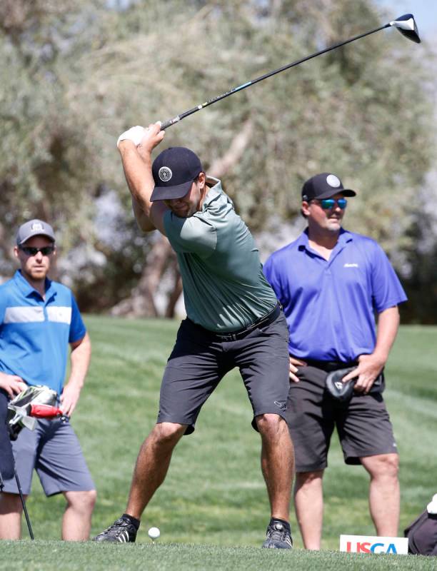 Taylor Montgomery hits his tee drive during the 2018 U.S. Qualifying at Canyon Gate Country Clu ...