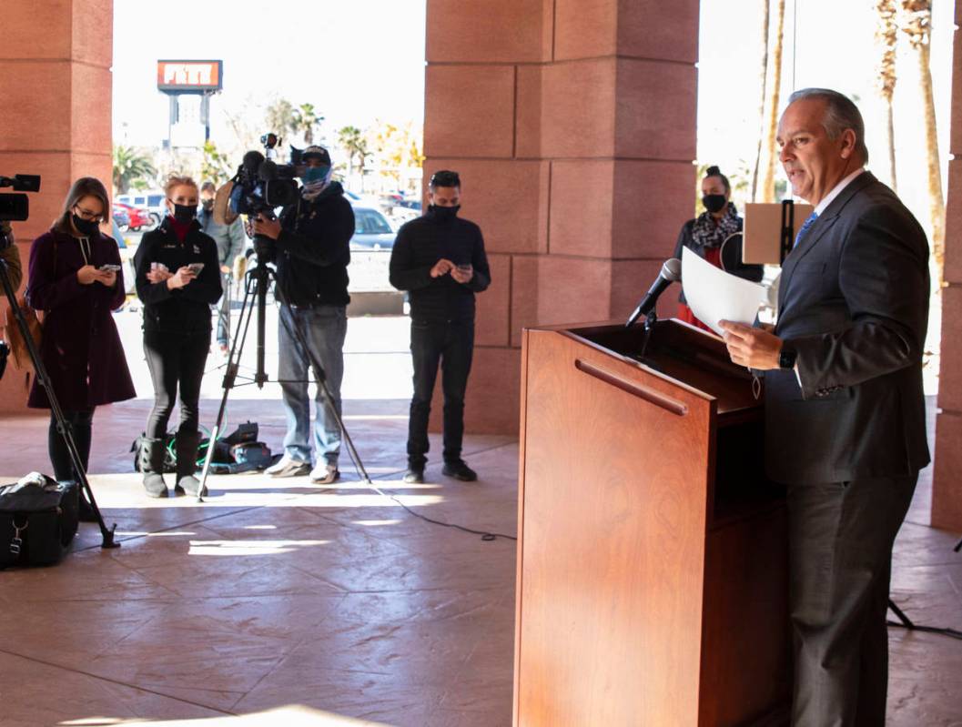 Clark County School District superintendent Dr. Jesus Jara speaks during a press conference out ...