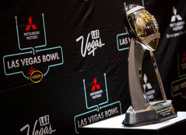 A view of the Las Vegas Bowl trophy before a media event at Maverick Helicopters ahead of the L ...