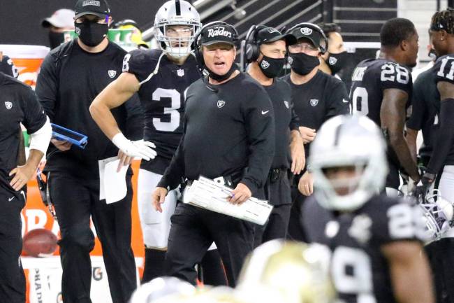 Las Vegas Raiders head coach Jon Gruden shouts from the sideline in the 4th quarter of an NFL f ...