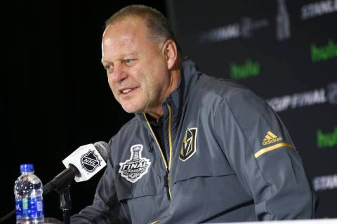Golden Knights head coach Gerard Gallant speaks after practice at Capital One Arena in Washingt ...