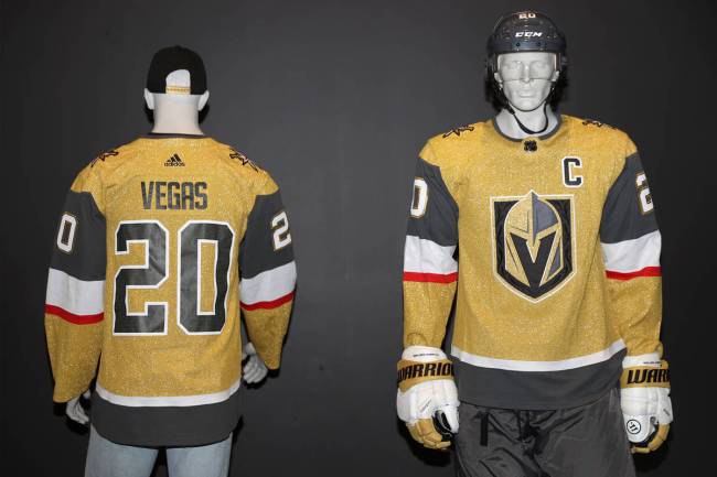 The Vegas Golden Knights third jersey is displayed at City National Arena in Las Vegas, Friday, ...