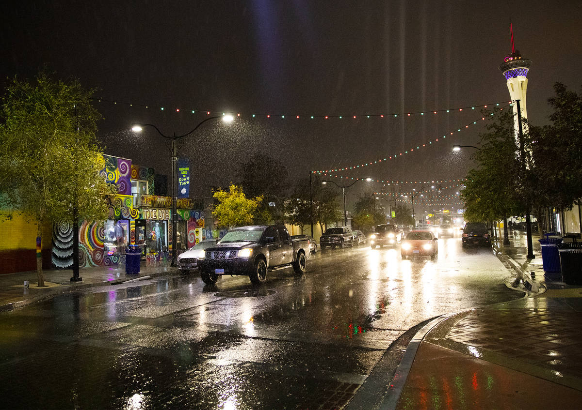 The Arts District is hit with rain in Las Vegas, Thursday, Dec. 17, 2020. Thursday marked the f ...