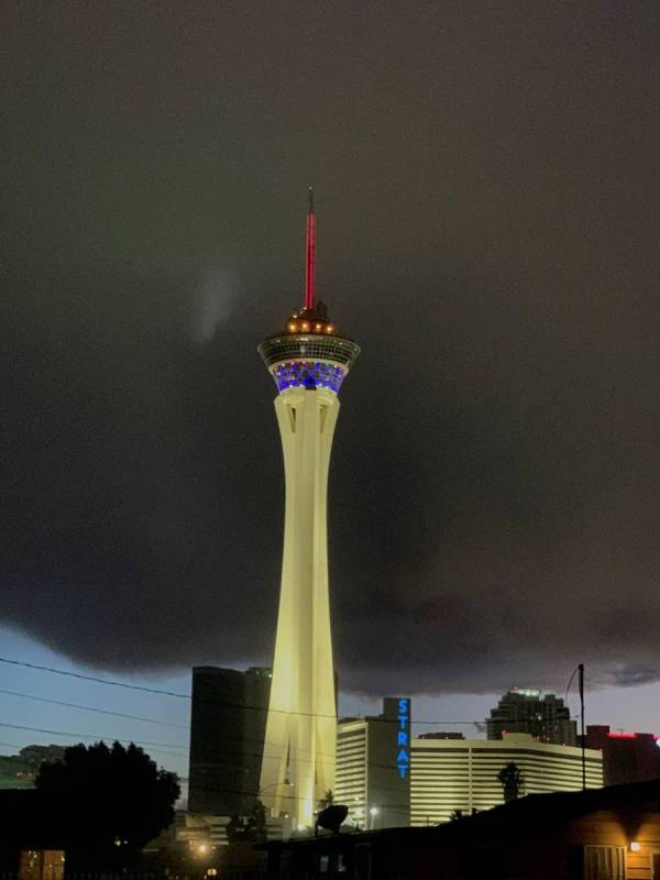 A winter storm moves over the Stratosphere on the Las Vegas Strip on Thursday, Dec. 17, 2020. ( ...