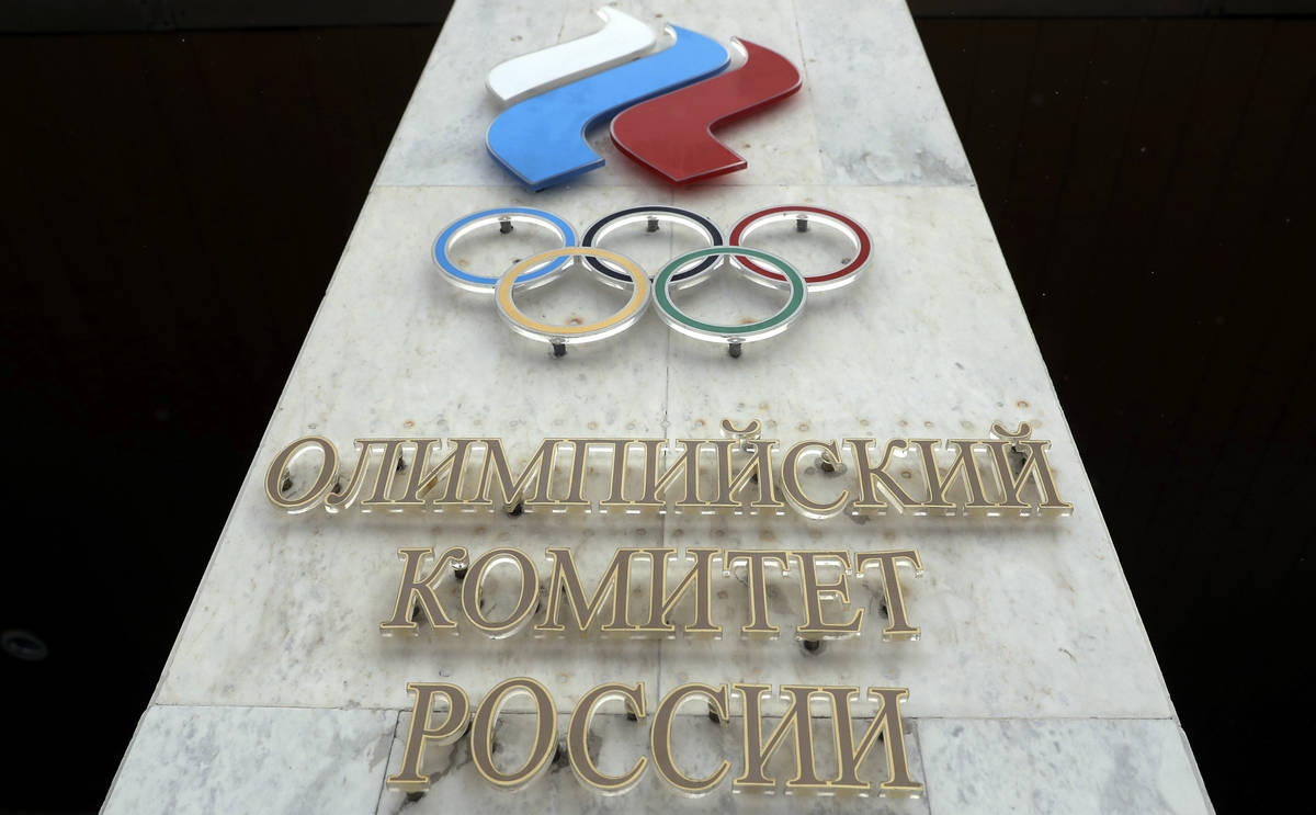 FILE - In this file photo dated Wednesday, Dec. 6, 2017, the logo of the Russian Olympic Commit ...